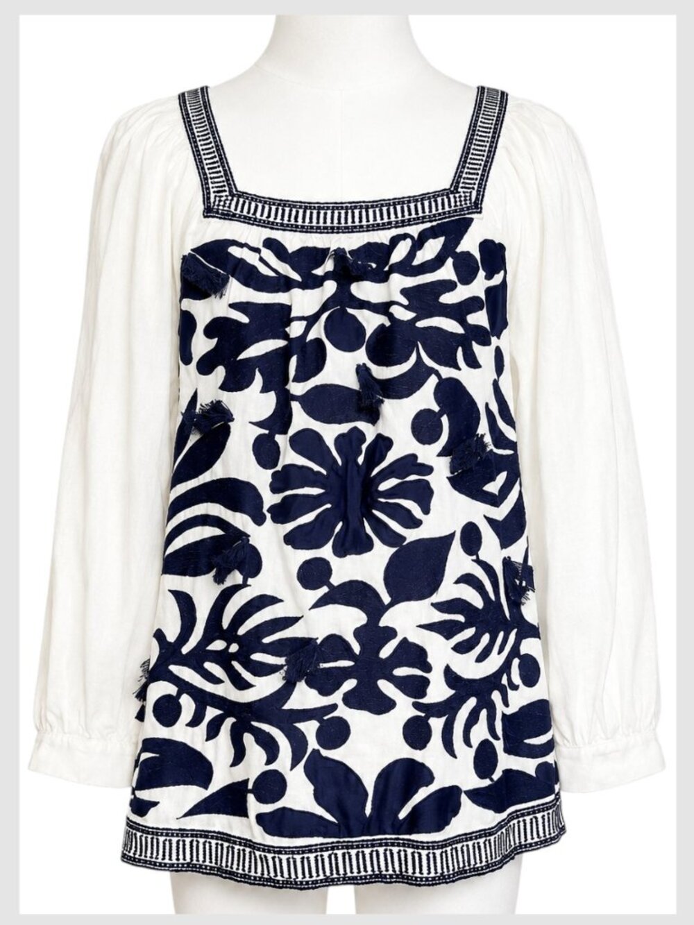 Anthropologie Maeve Liyah Blouse Navy Blue White Embroidered Square Neck S 6 - Picture 2 of 9